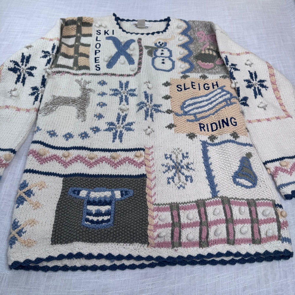 Cape Isle Knitters Sweater Womens M Ivory Hand Knit Grandma Snowmen Festive VTG - Picture 13 of 16